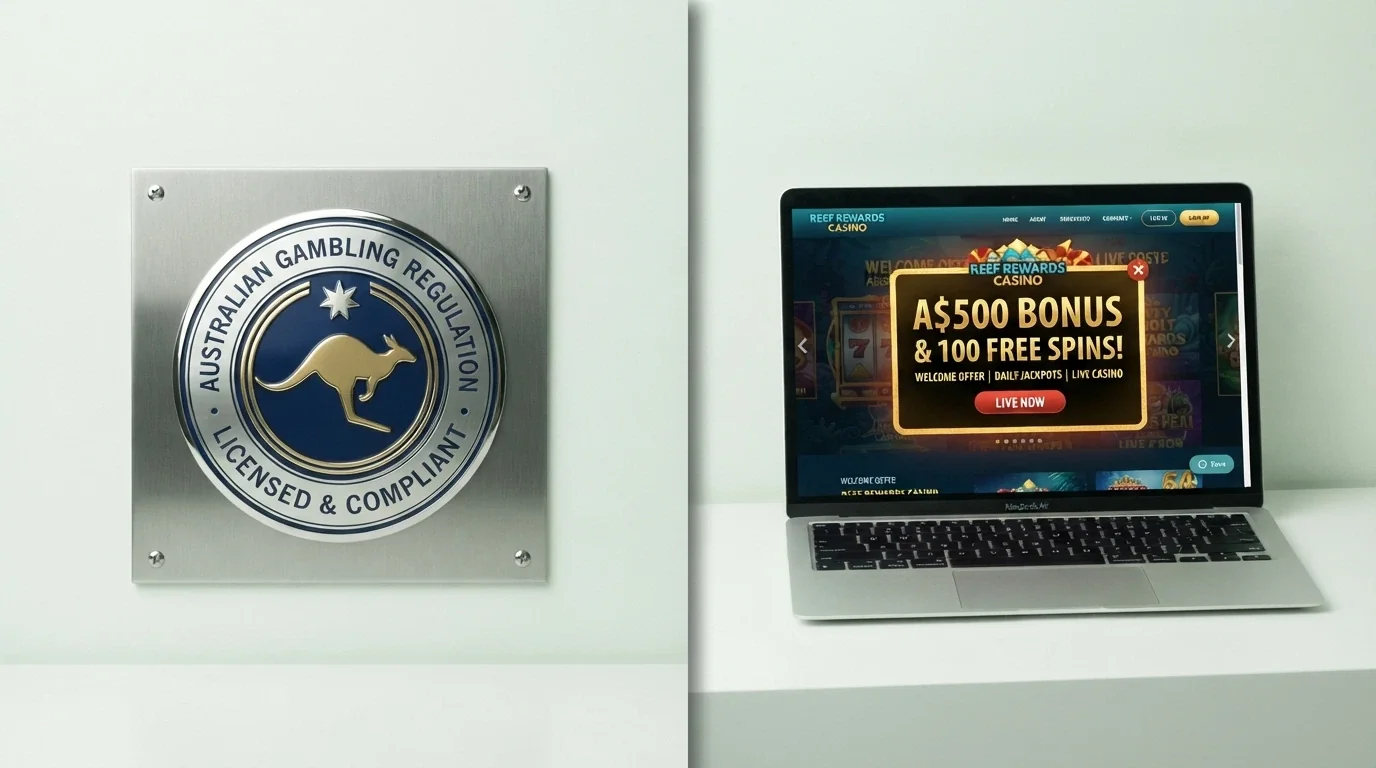 A split-screen visual: the left side shows a government licence badge and Australian regulatory marks, the right side shows an offshore casino homepage with a bonus pop-up