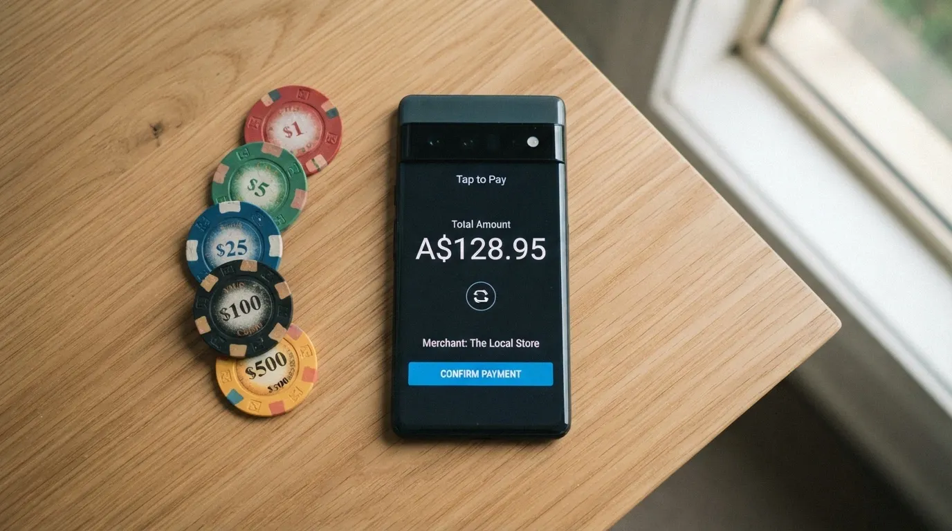 Australian banknotes beside a phone screen showing PayID, crypto and Neosurf payment options for an offshore casino