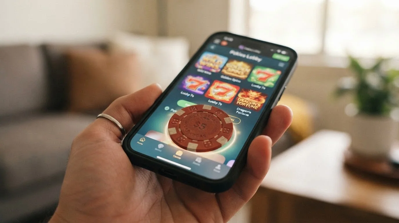 A single Australian one-dollar coin resting on a smartphone displaying a pokies lobby
