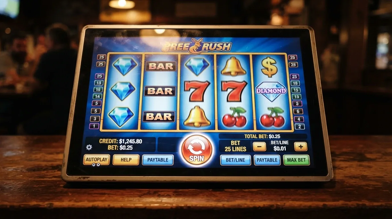 A close-up of a 5-reel pokie screen with the spin button, payline indicators and bet selector labelled in Australian English terms