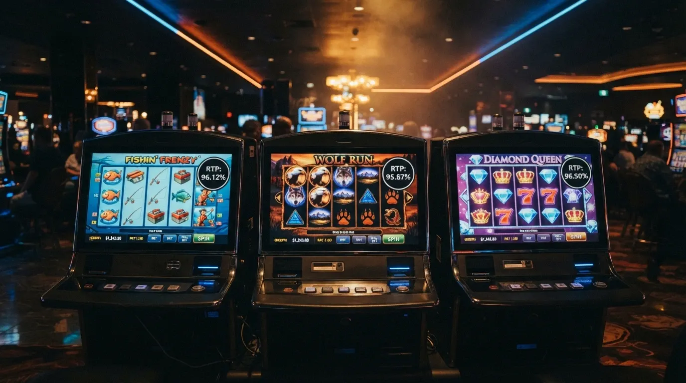 A row of three pokie machine screens showing Big Bass Bonanza, Wolf Treasure and a third popular VIP-tied title, each with its RTP percentage displayed as a badge