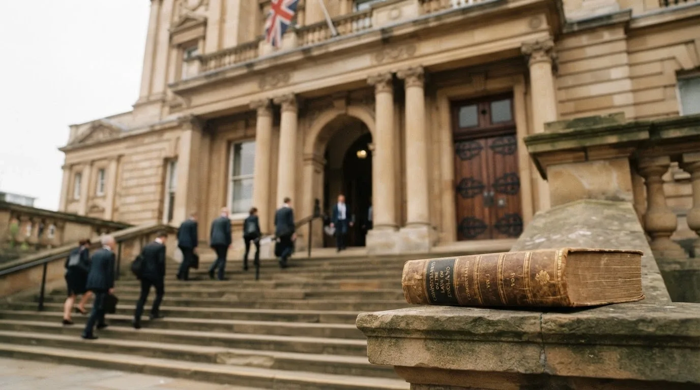 A government-building facade with the Australian coat of arms visible, shot in natural light, law-book spine in the foreground