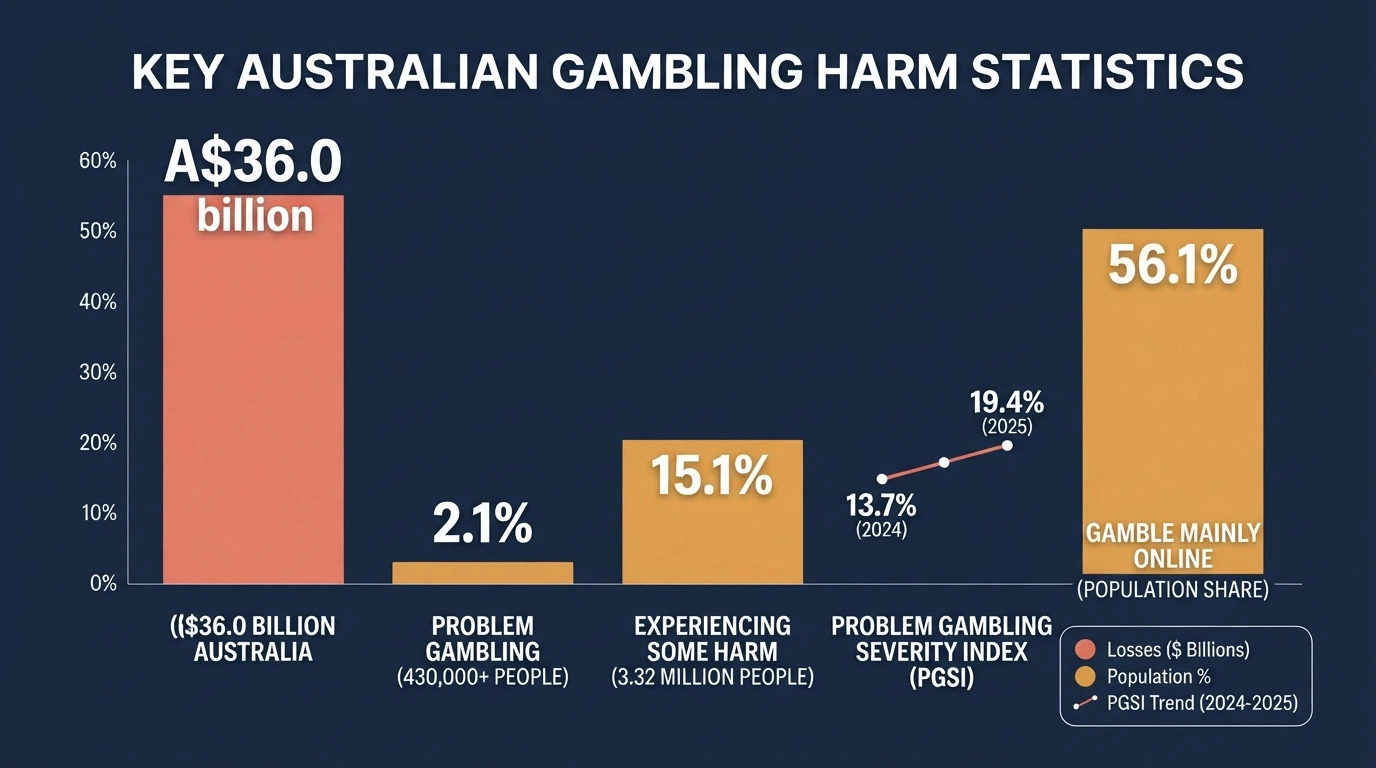 A bar chart showing A$36 billion in annual Australian gambling losses and rising PGSI risk rates from 2020 to 2025