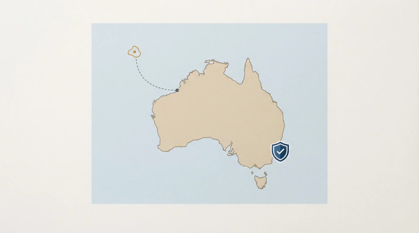 A simplified map of Australia with a dashed line connecting it to an offshore-jurisdiction marker labelled “Curaçao”, with the ACMA logo visible