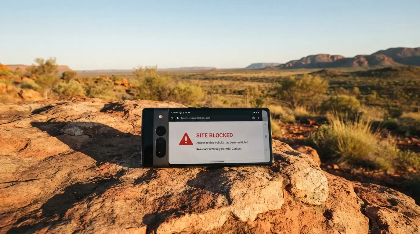 An Android phone screen showing the ACMA website's enforcement action page with a blocked-site notice visible, set against an Australian-outback background