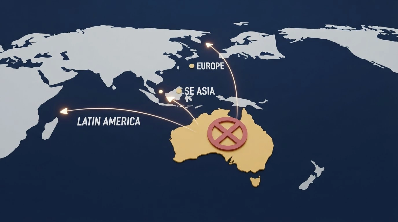A map of Australia with offshore arrows pointing to Anjouan, Curaçao and Malta, and a blocked symbol over Australia