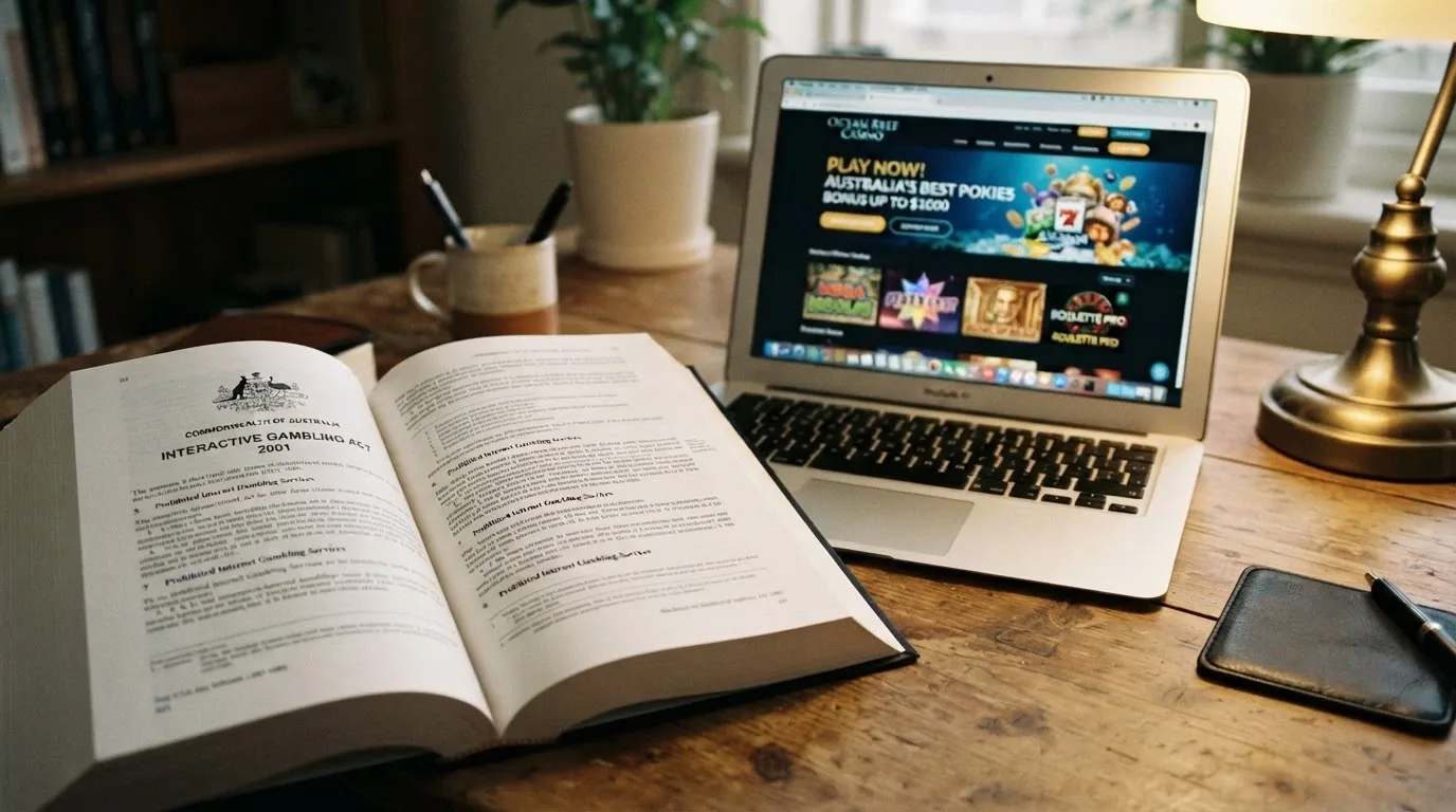 A printed copy of Australian federal legislation open on a table beside a laptop displaying an offshore casino homepage