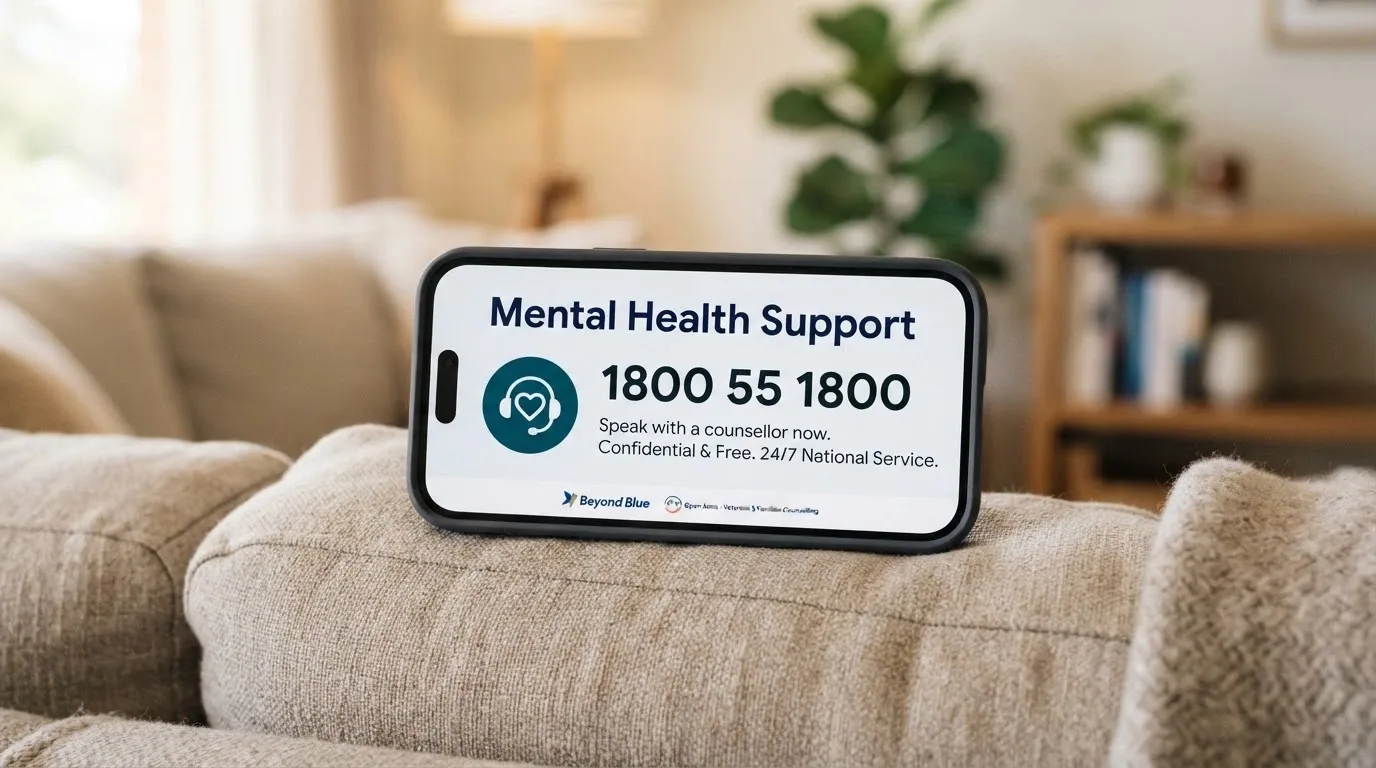 A close-up of a phone screen displaying the 1800 858 858 number alongside the Gambling Help Online and BetStop logos