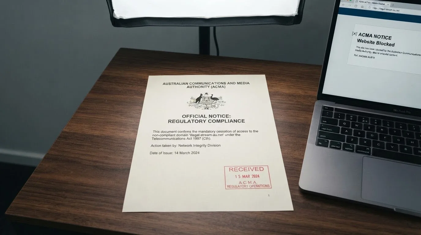 The ACMA logo on an official document or webpage beside a blocked-website notice, with the Interactive Gambling Act reference visible