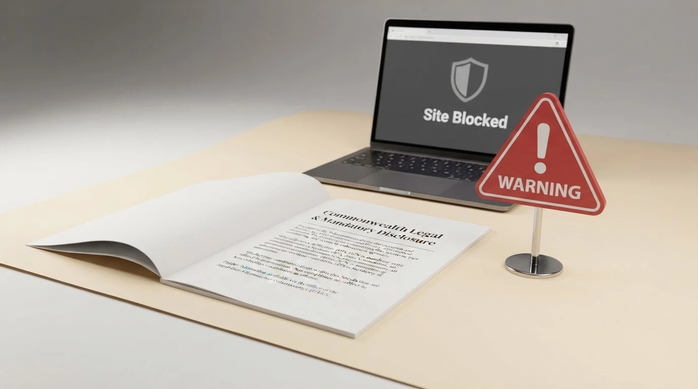 A document reference page showing the Interactive Gambling Act 2001 header beside a warning icon and a blocked-website browser screen