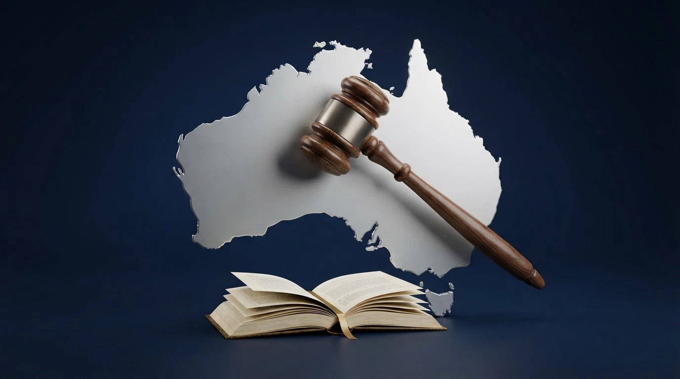 A stylised map of Australia with a gavel and regulatory document overlay, representing the legal framework
