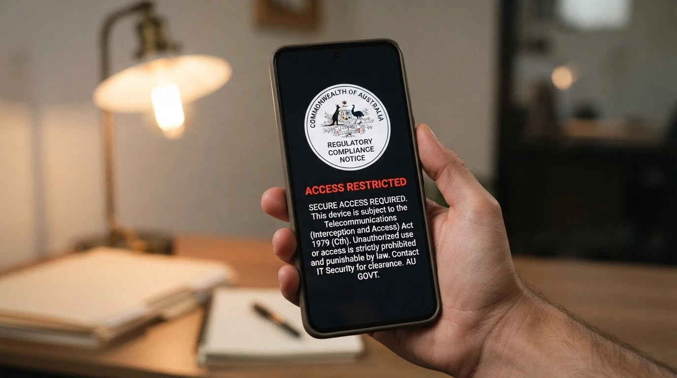 A smartphone screen displaying the ACMA website with a blocked-site notice, the Australian coat of arms visible in the header