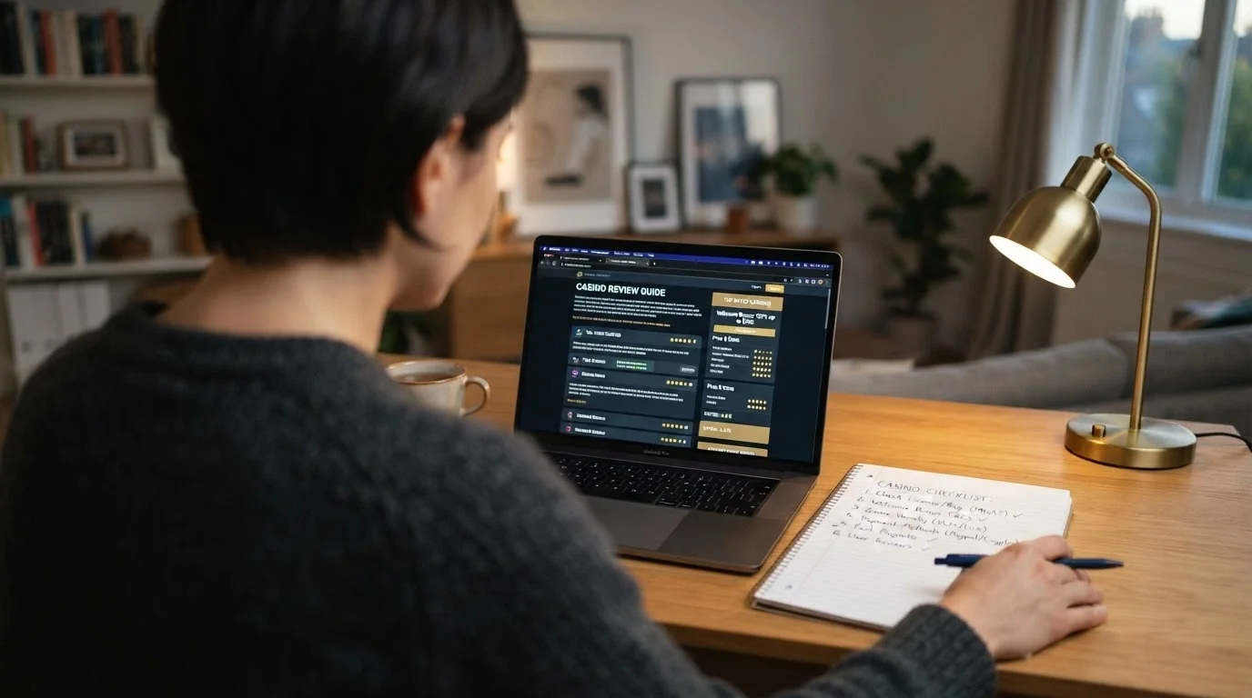 An Australian player at a laptop reviewing casino information with a notepad listing key checks including ACMA status and deposit limits