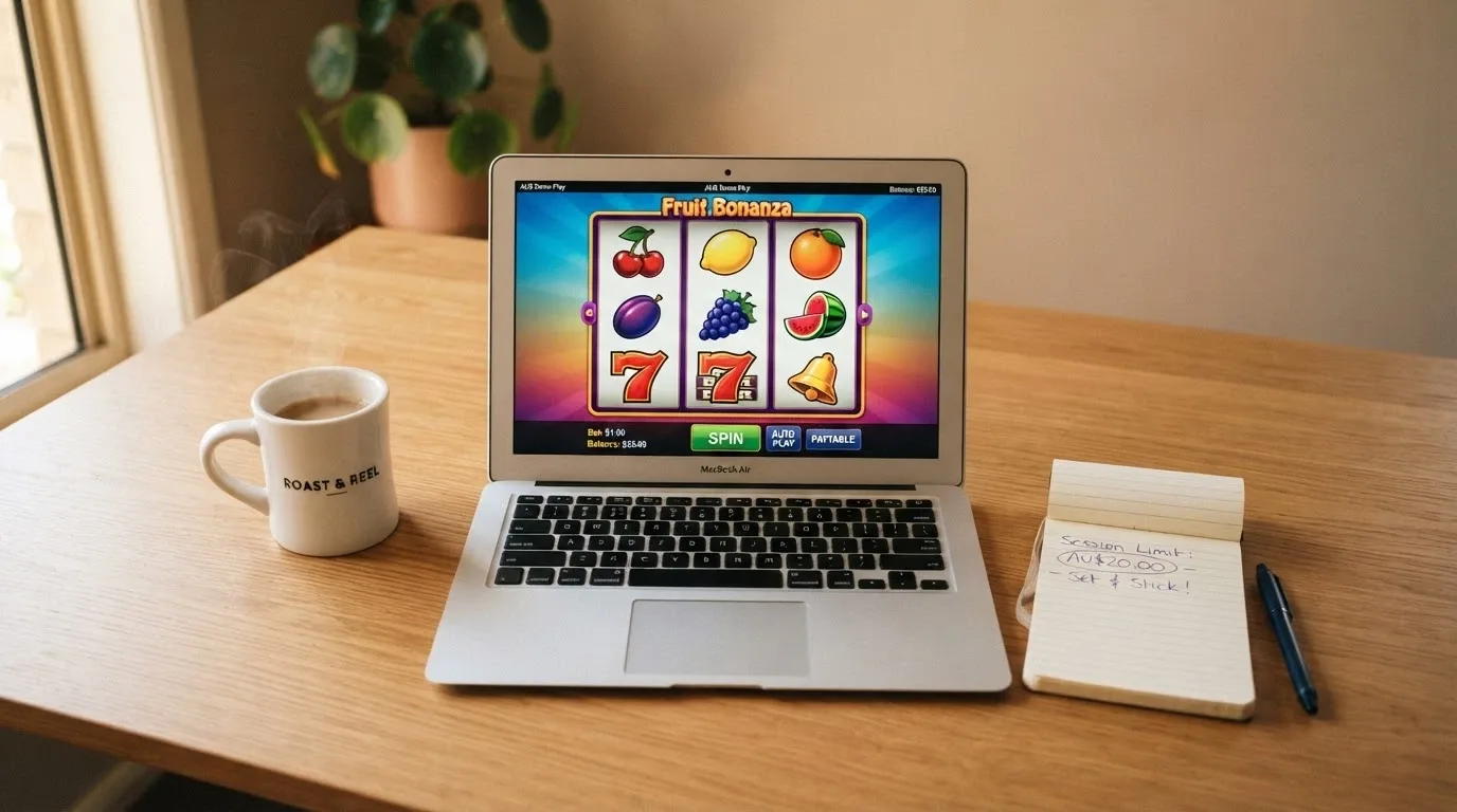 A player's desk setup with a laptop showing a 3-reel pokie demo, a notebook with a handwritten limit, and a cup of coffee — calm, controlled, informed