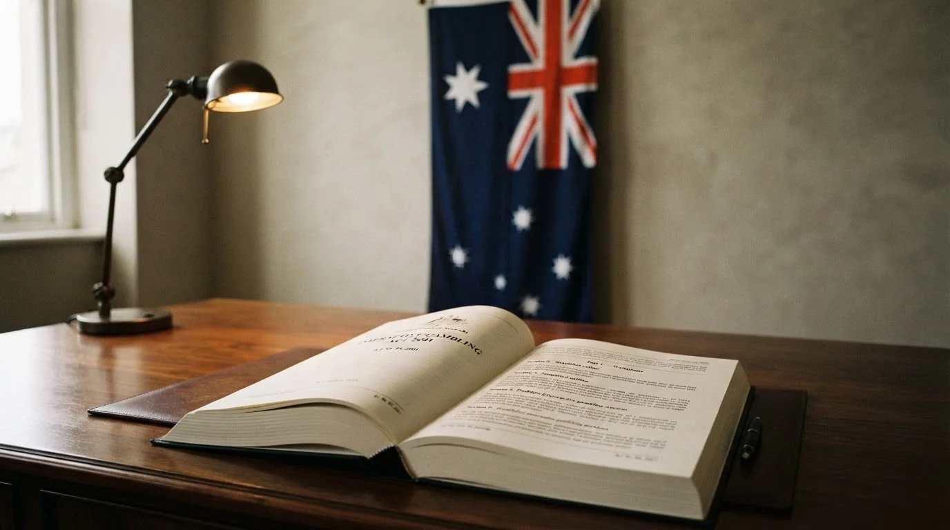 A document titled Interactive Gambling Act 2001 on a desk, with the Australian flag visible in the background