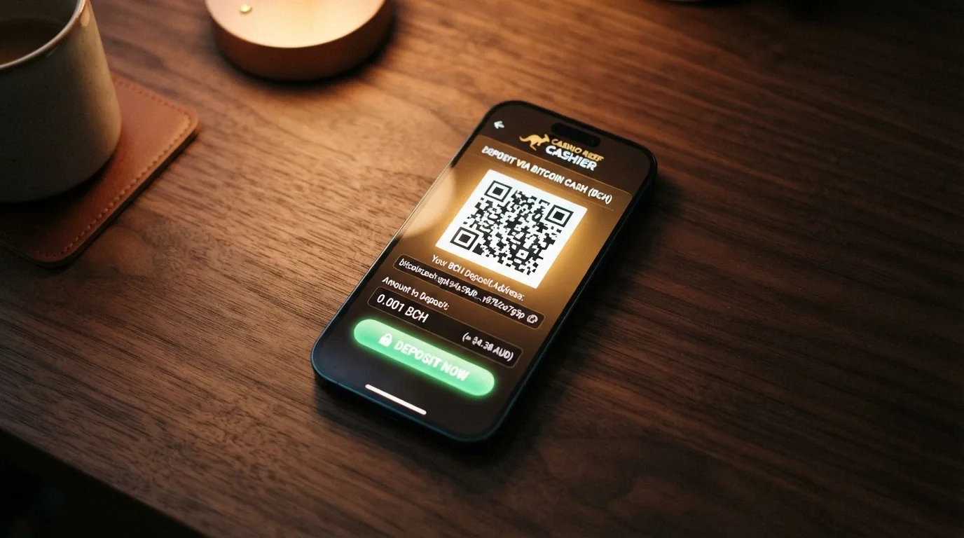 A casino cashier screen showing a Bitcoin Cash deposit option with a QR code, a wallet address and a 0.001 BCH amount field