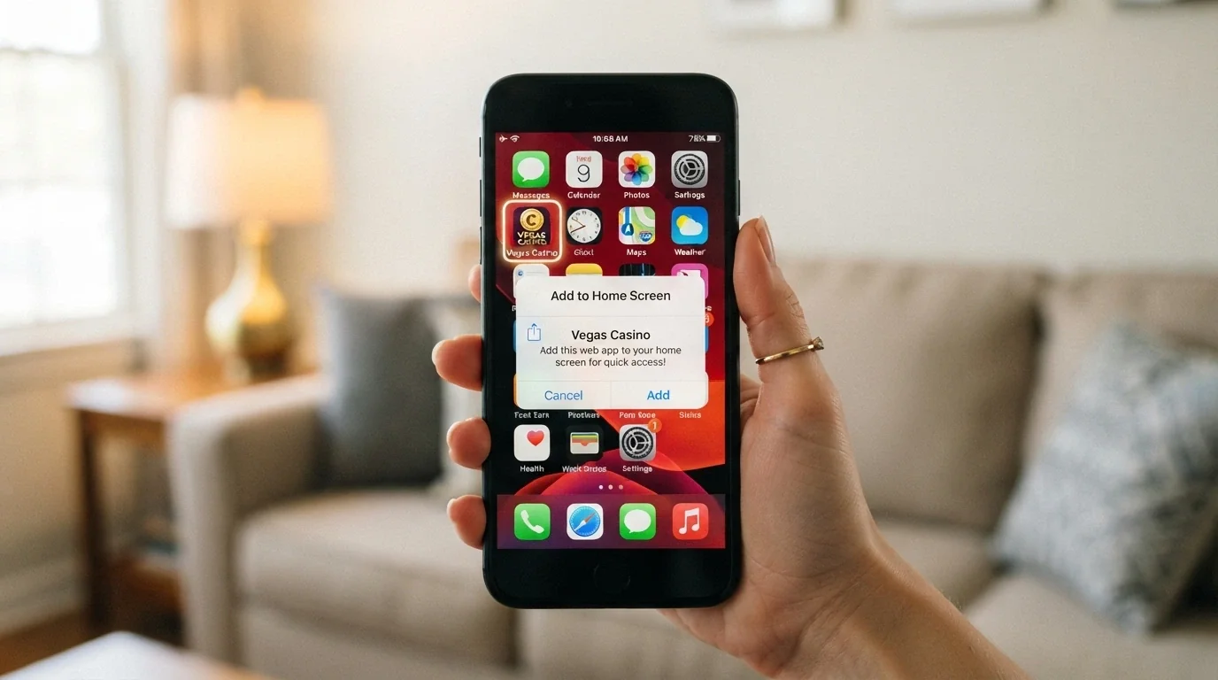 A hand holding a smartphone showing a casino mobile web app on the home screen, with an “Add to Home Screen” prompt visible
