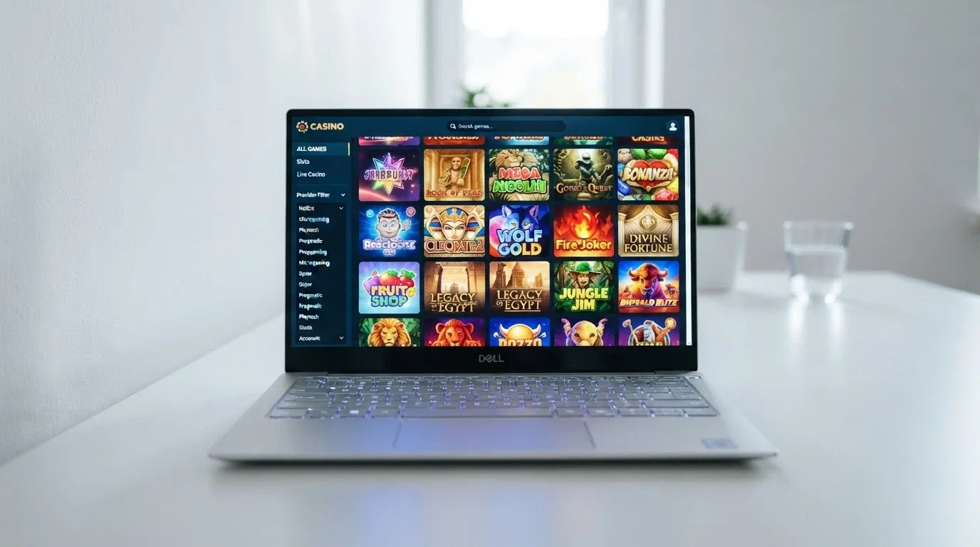 A grid of online pokies thumbnails in a casino game lobby, with a search bar and provider filters visible