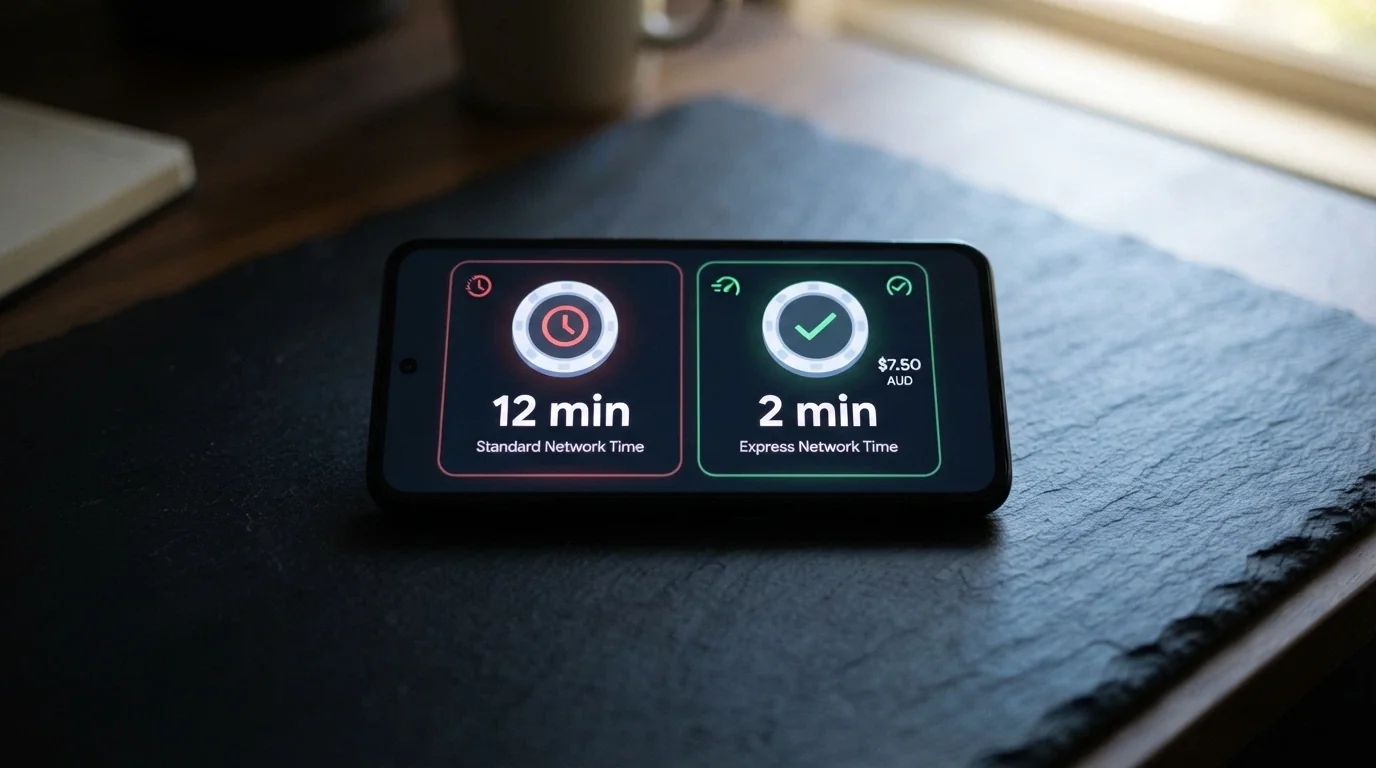A side-by-side comparison of Bitcoin and Bitcoin Cash confirmation times on a smartphone screen, with the BCH side showing a green checkmark and a lower fee