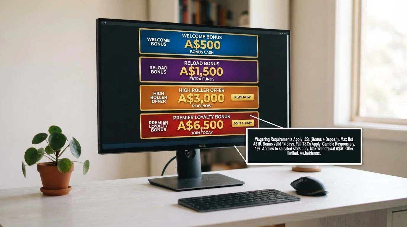 A mock-up of casino bonus banners showing different welcome-offer amounts (A$500, A$1,500, A$3,000, A$6,500) with the fine-print terms magnified