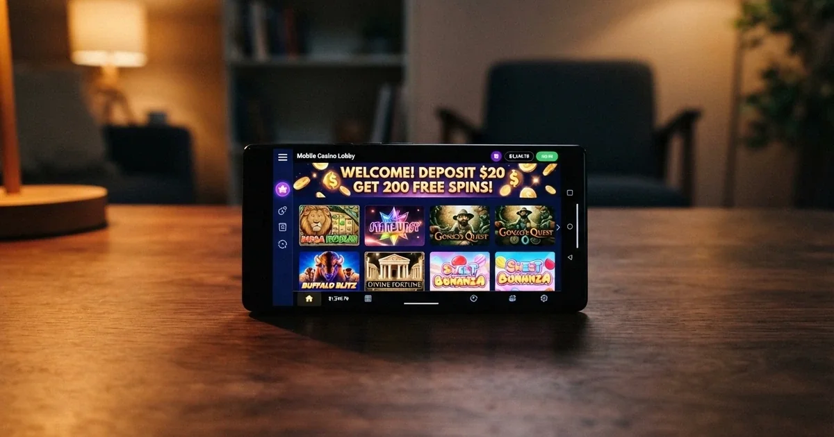 A smartphone displaying a mobile casino lobby with pokies thumbnails and a welcome offer banner