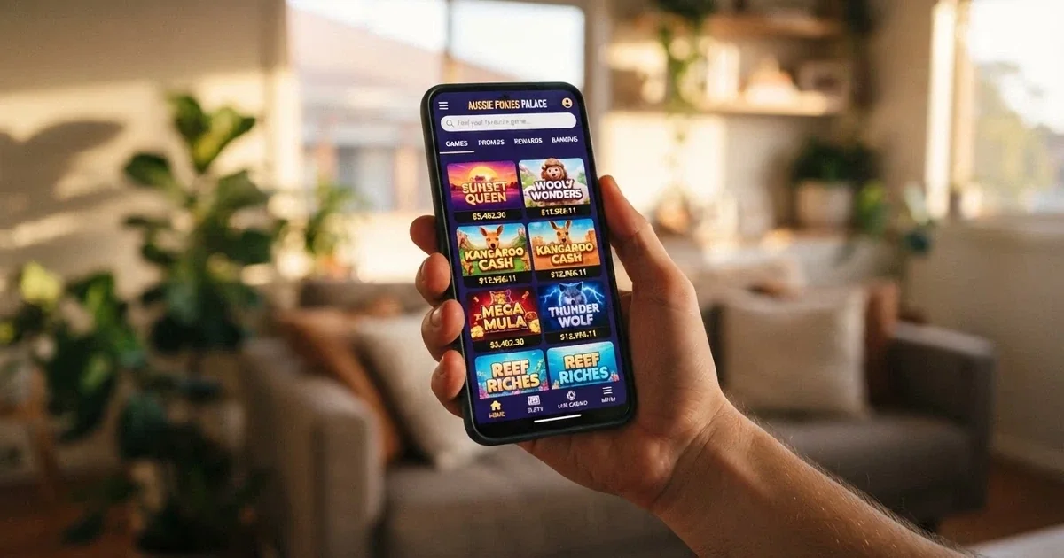 An Android phone screen displaying a casino app game lobby with pokies thumbnails, a search bar and a bottom navigation row, held in one hand against a blurred living-room background