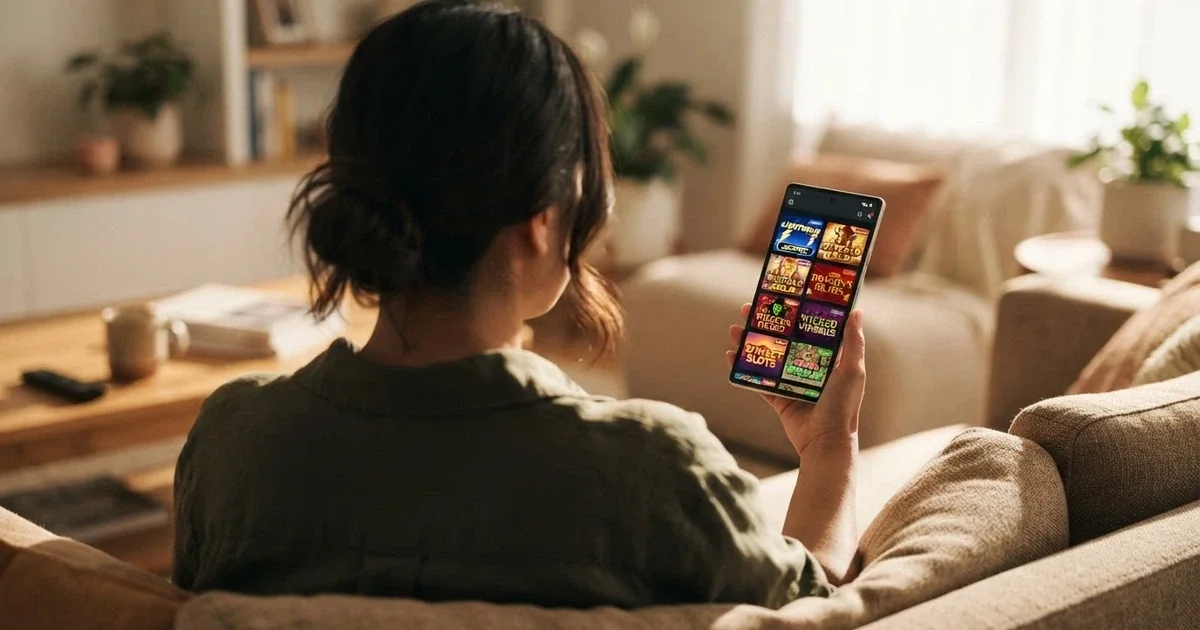 A smartphone screen showing a colourful online pokies game lobby open in a mobile browser
