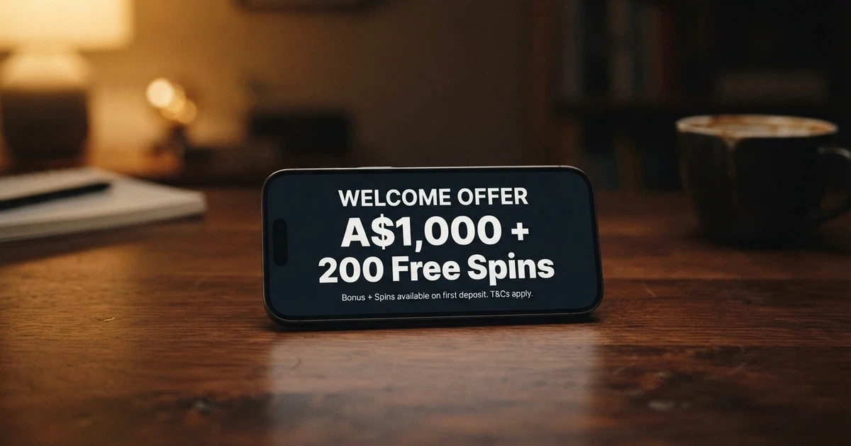 A smartphone screen showing an online casino sign-up bonus offer with Australian dollar amounts and a terms-and-conditions link visible