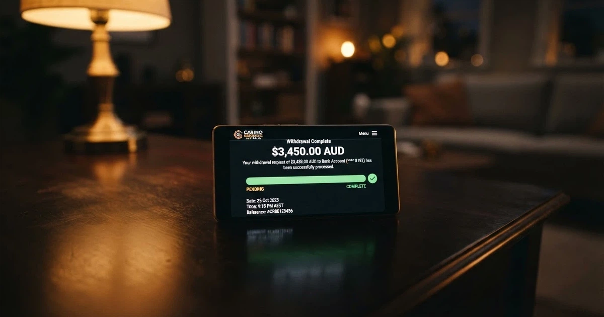 A smartphone screen showing a casino withdrawal confirmation with an Australian dollar amount and a pending-to-complete progress bar