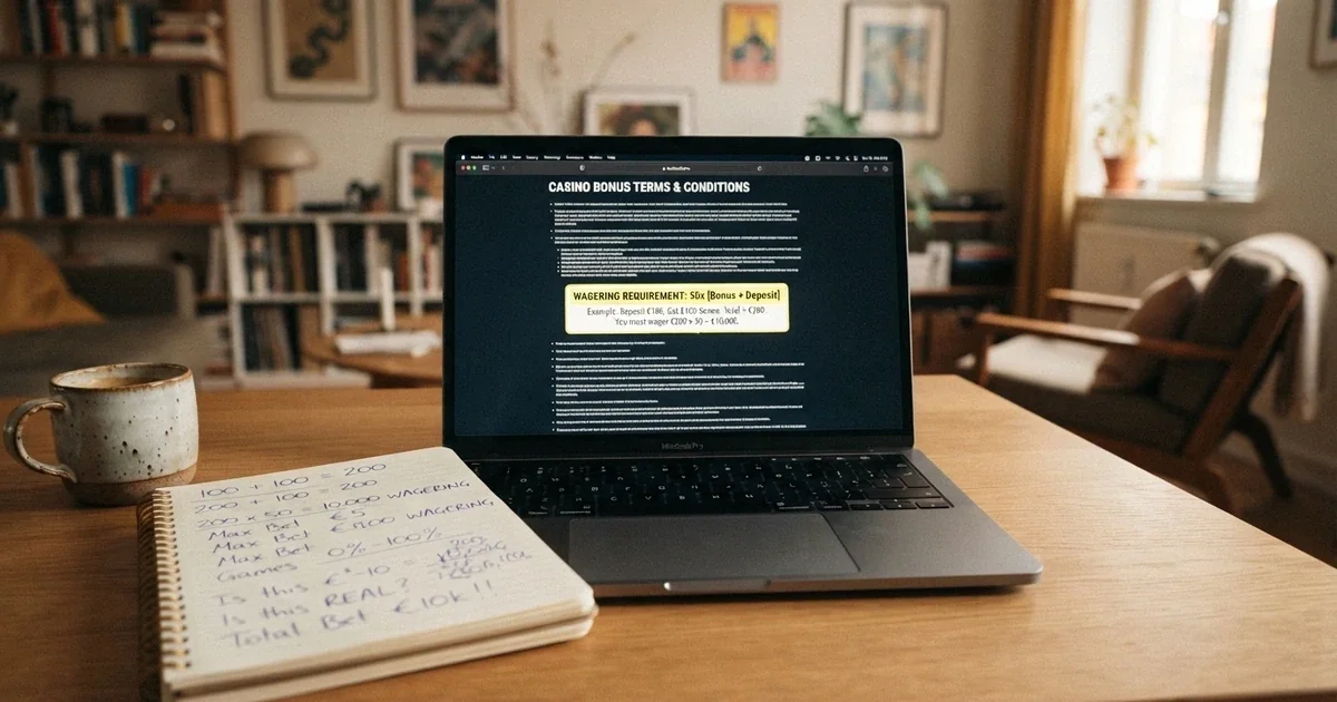 A laptop screen displaying casino bonus terms and conditions, with a wagering requirement figure highlighted and a calculator on the desk beside it