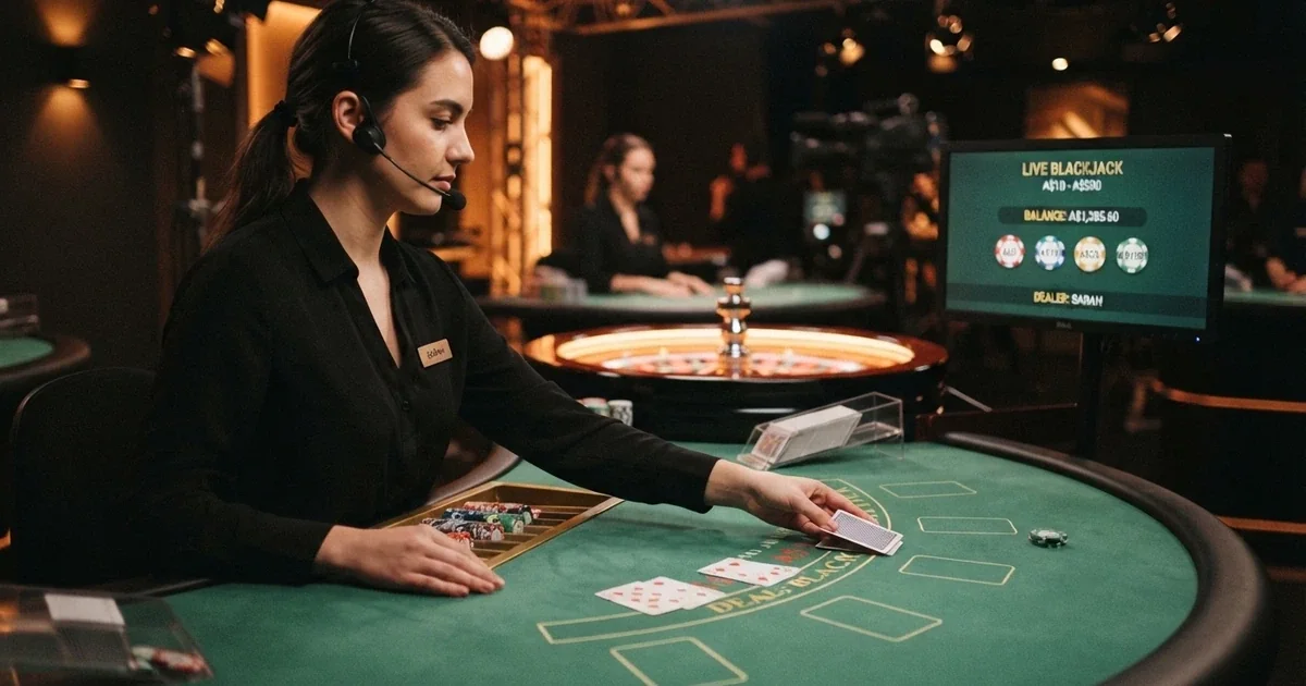 Live dealer at a casino table streaming to an online player interface with betting options visible