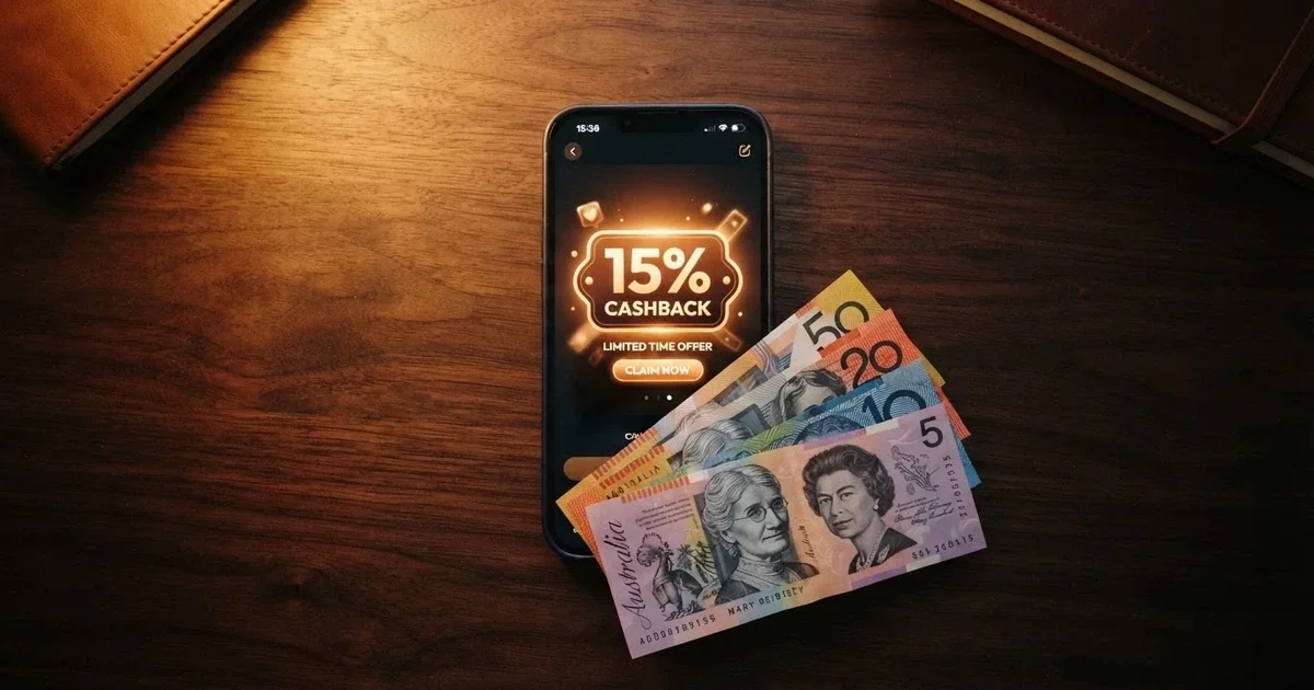 A row of Australian dollar notes fanned across a smartphone screen displaying a casino cashback offer badge