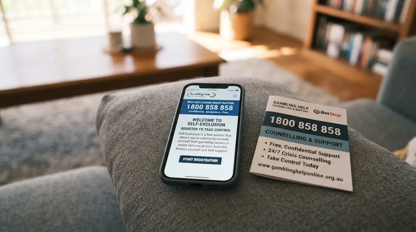 A smartphone screen showing the BetStop registration page alongside the Gambling Help Online homepage, with the 1800 858 858 number prominent