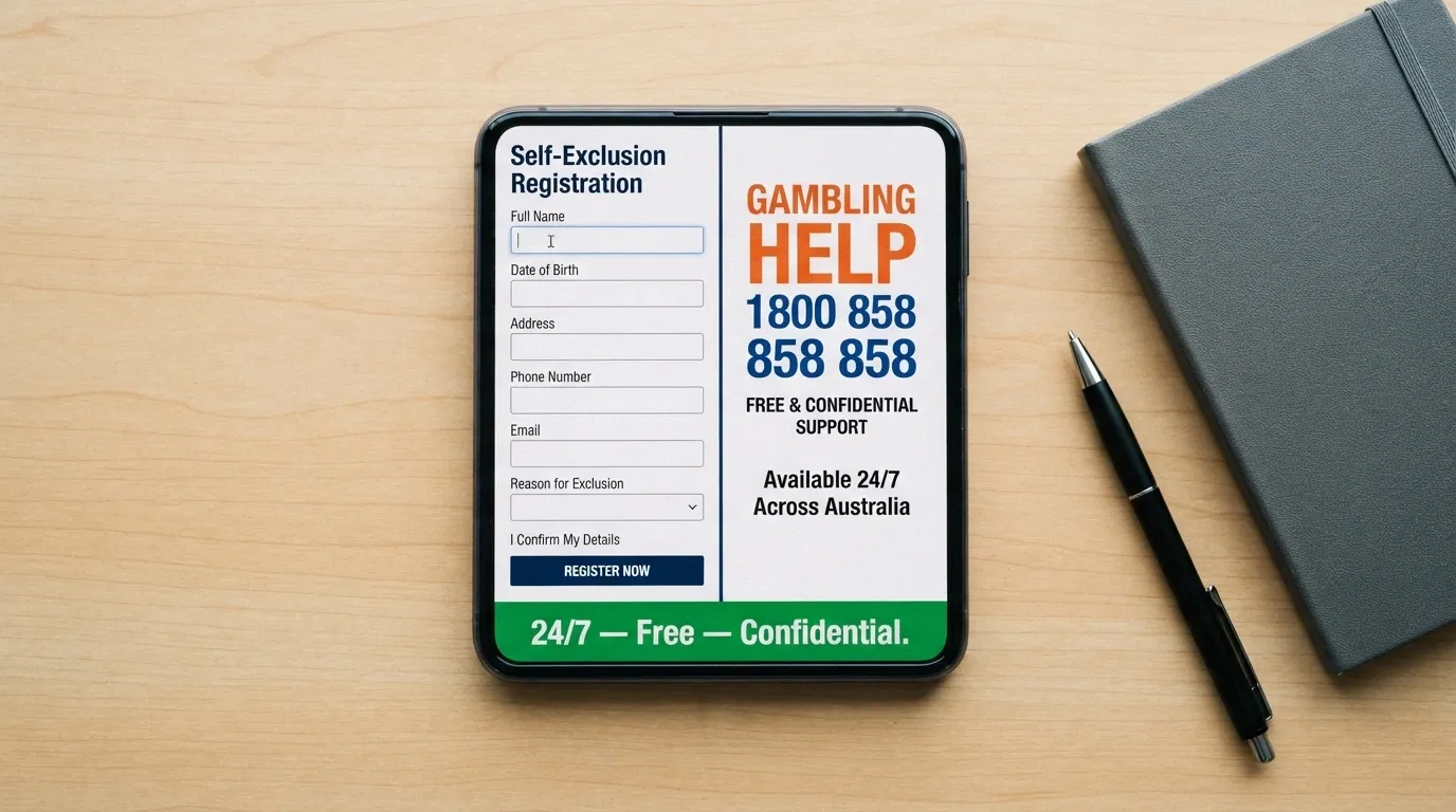 A smartphone screen showing the BetStop registration page on one half and the Gambling Helpline number 1800 858 858 on the other, with a green “24/7 — Free — Confidential” banner