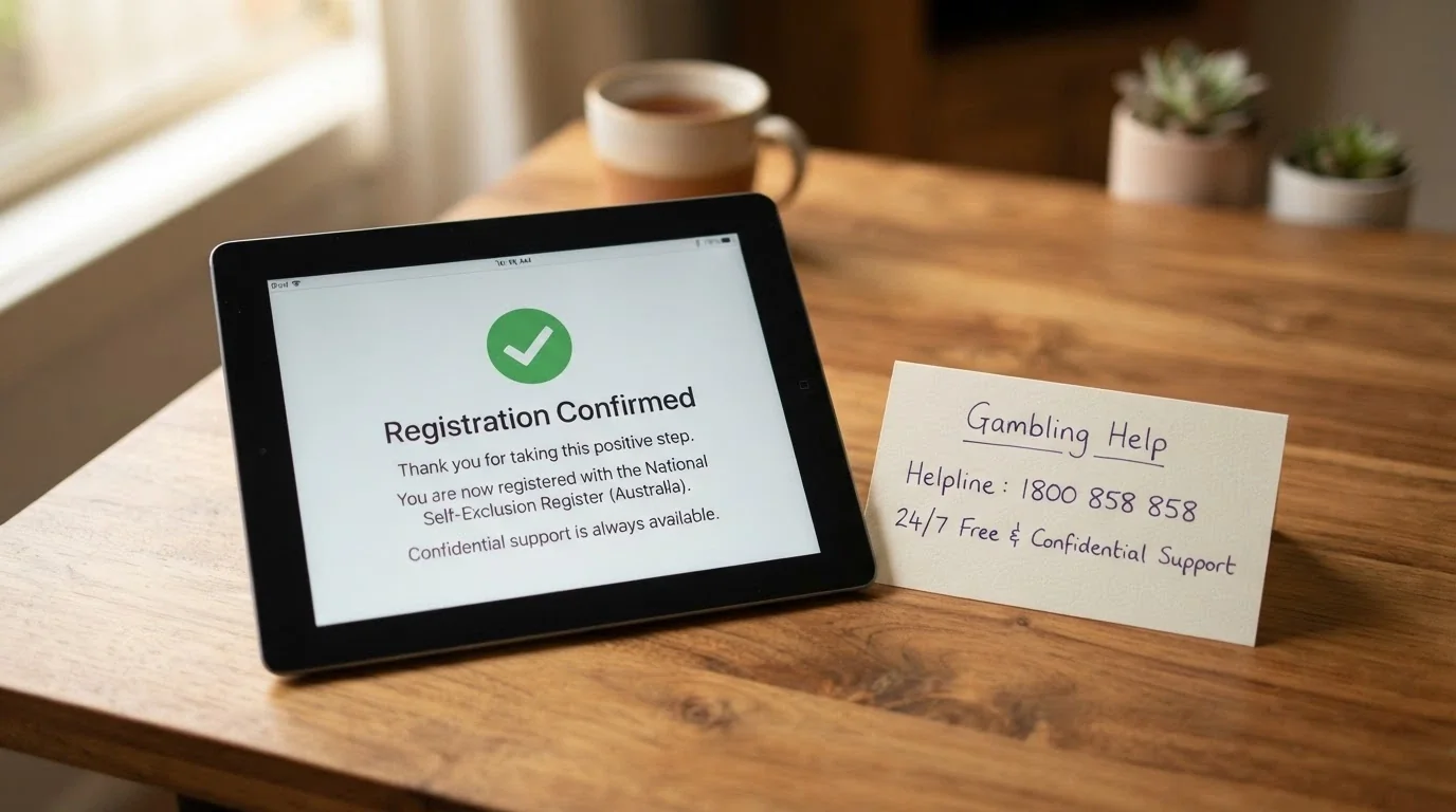 A BetStop registration confirmation screen next to a handwritten note with the Gambling Helpline number 1800 858 858