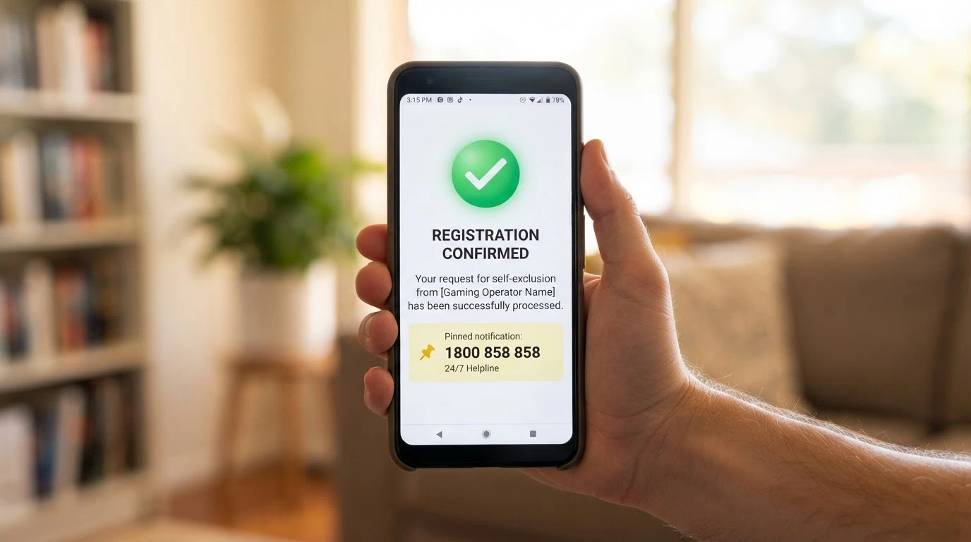 A close-up of a phone screen showing the BetStop registration confirmation page, with the National Gambling Helpline number 1800 858 858 visible in a pinned note beside it