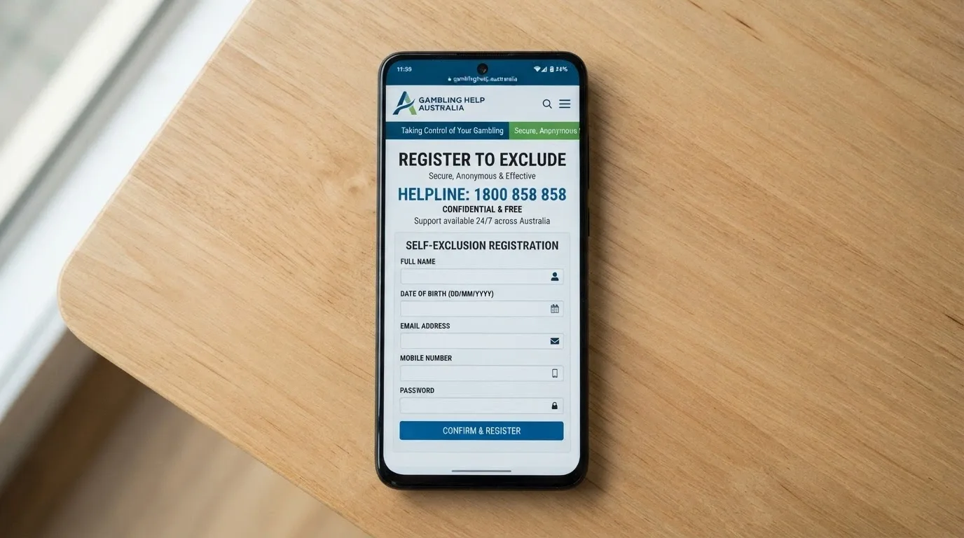 A smartphone screen showing a self-exclusion register website with a helpline number visible