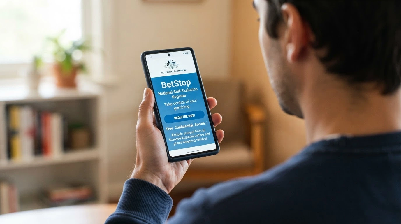 The BetStop National Self-Exclusion Register homepage on a smartphone screen, showing the registration prompt and the Australian Government crest