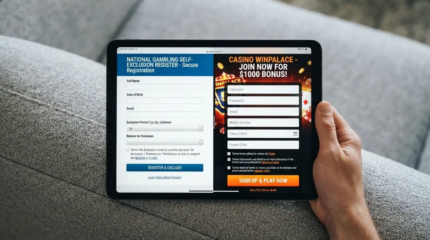 Split image showing the BetStop.gov.au registration page on one side and an offshore casino sign-up form still accepting details on the other