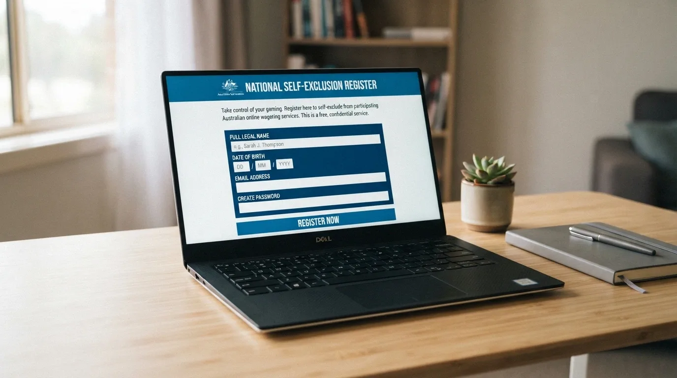A laptop displaying the BetStop National Self-Exclusion Register signup page with the registration form fields visible
