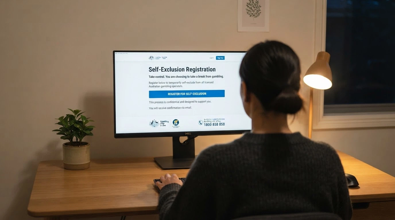 A computer screen displaying the BetStop National Self-Exclusion Register homepage with the registration button