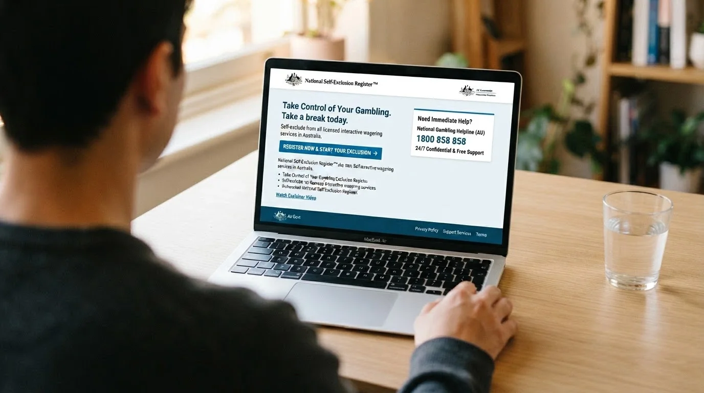 The BetStop national self-exclusion register homepage on a laptop screen, with the registration button and the 1800 858 858 helpline number visible in a sidebar