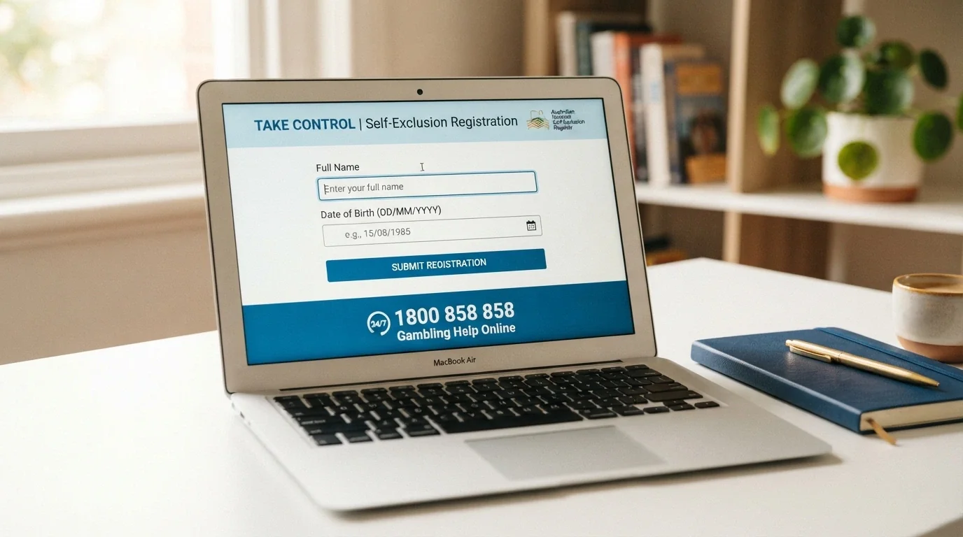 A screen showing the BetStop registration form with fields for name and date of birth alongside the 1800 858 858 helpline number