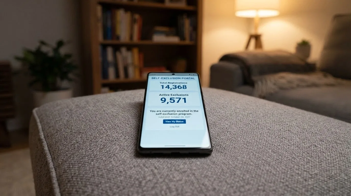 A smartphone showing the BetStop registration screen with key statistics — 67,480 registrations, 41,290 active