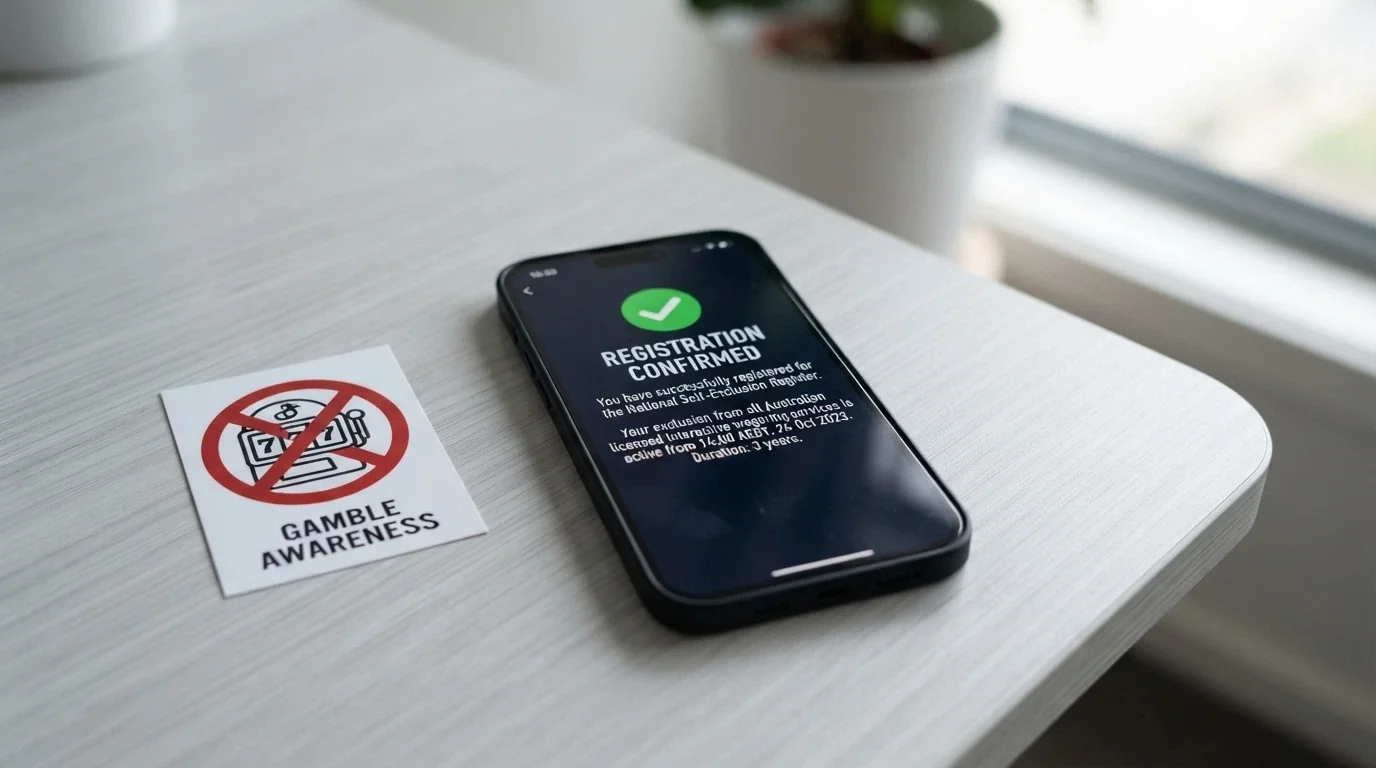 A smartphone screen showing a BetStop registration confirmation beside a crossed-out casino icon