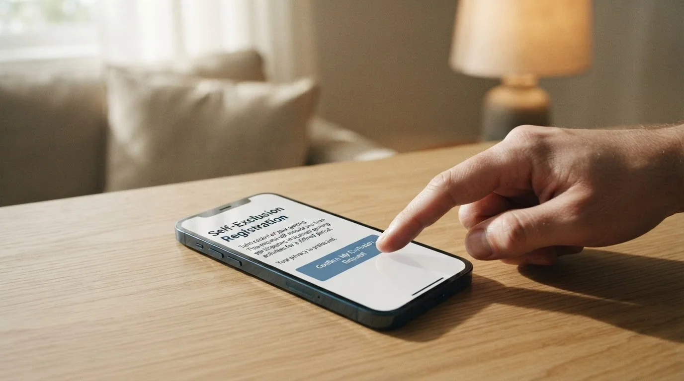 A person's hand hovering over a smartphone screen showing a self-exclusion registration form with BetStop branding and a confirmation button