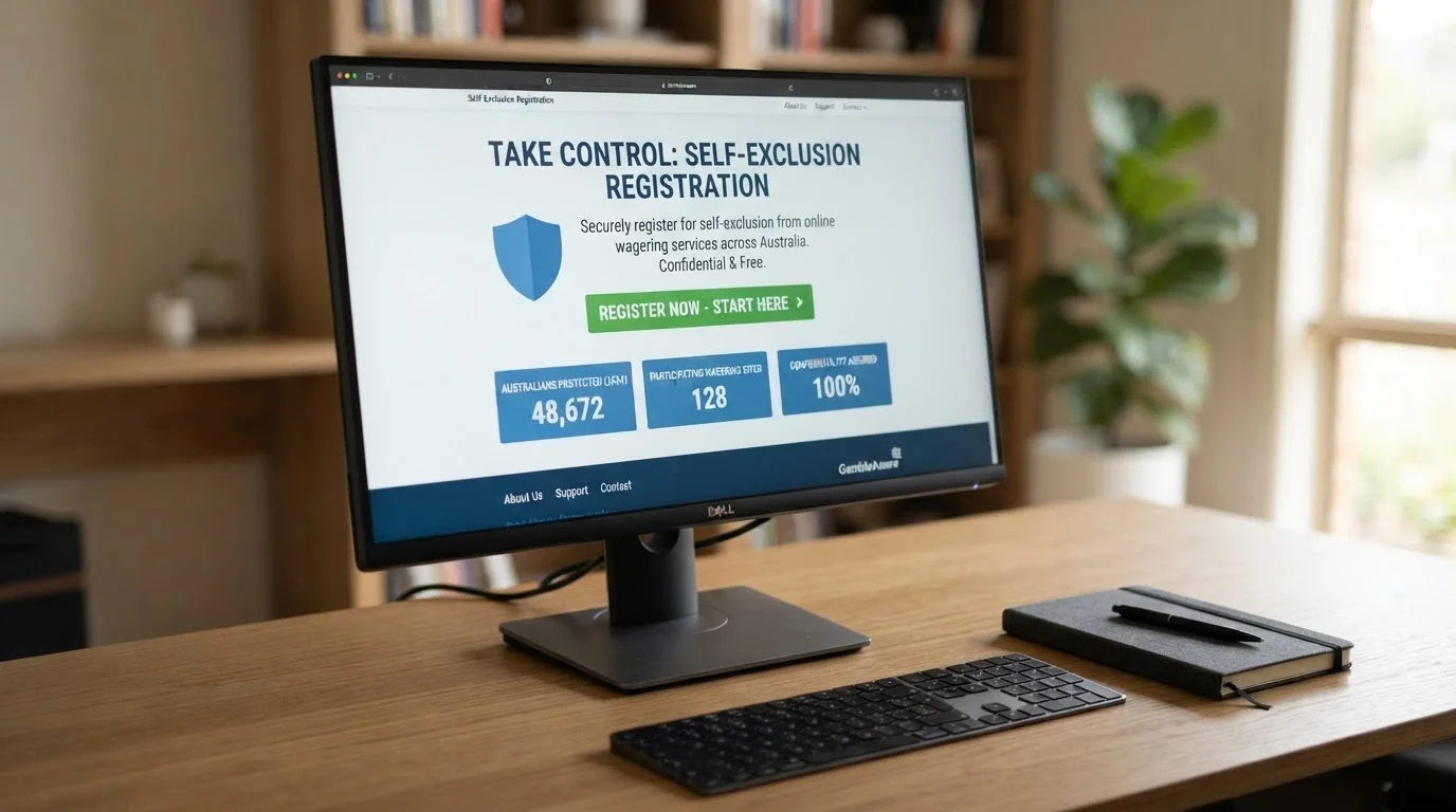 The BetStop national self-exclusion register homepage on a desktop browser, showing the registration prompt and key statistics
