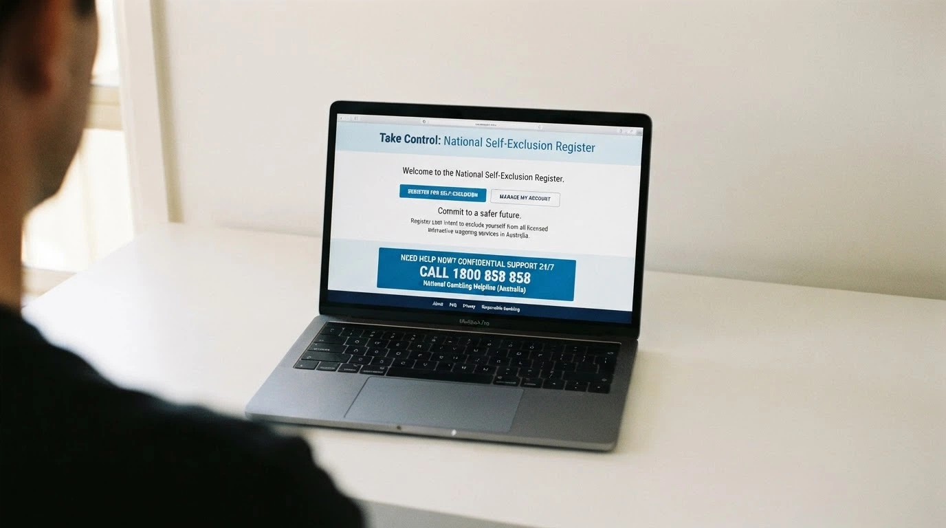 BetStop National Self-Exclusion Register homepage on a laptop screen showing self-exclusion registration options and the 1800 858 858 helpline number prominently displayed