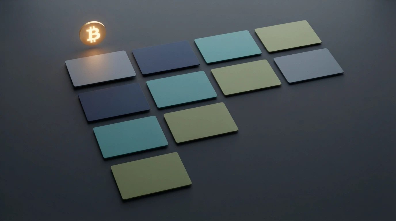 A grid of ten casino-brand placeholder cards arranged in ranked order on a dark background, with a highlighted bitcoin symbol above the top-ranked card