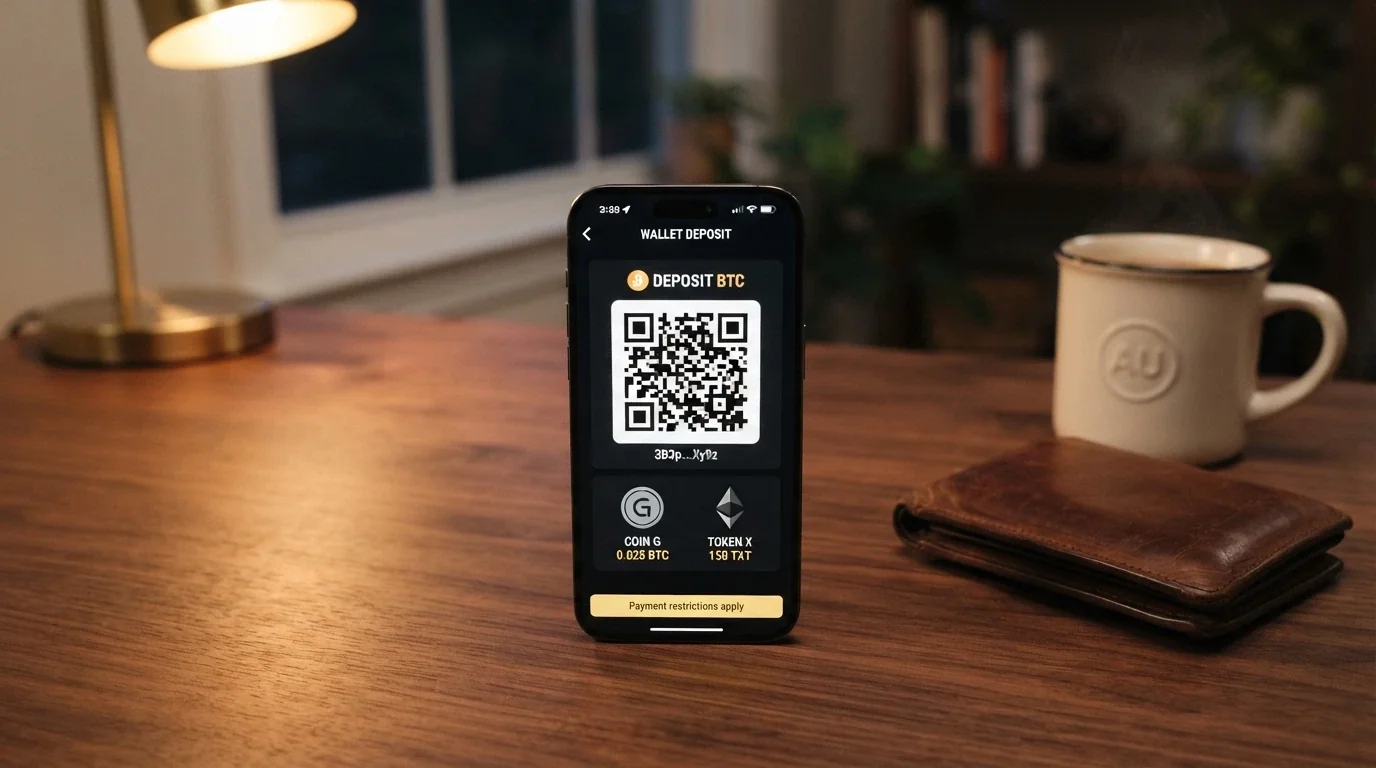 A cryptocurrency wallet QR code on a casino deposit page, with Bitcoin and Ethereum options visible alongside a notice about payment restrictions